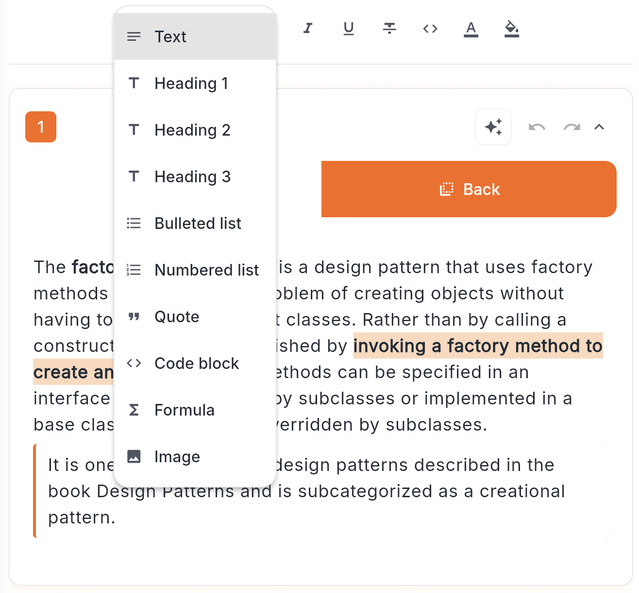 Quantilo card editor with rich content blocks