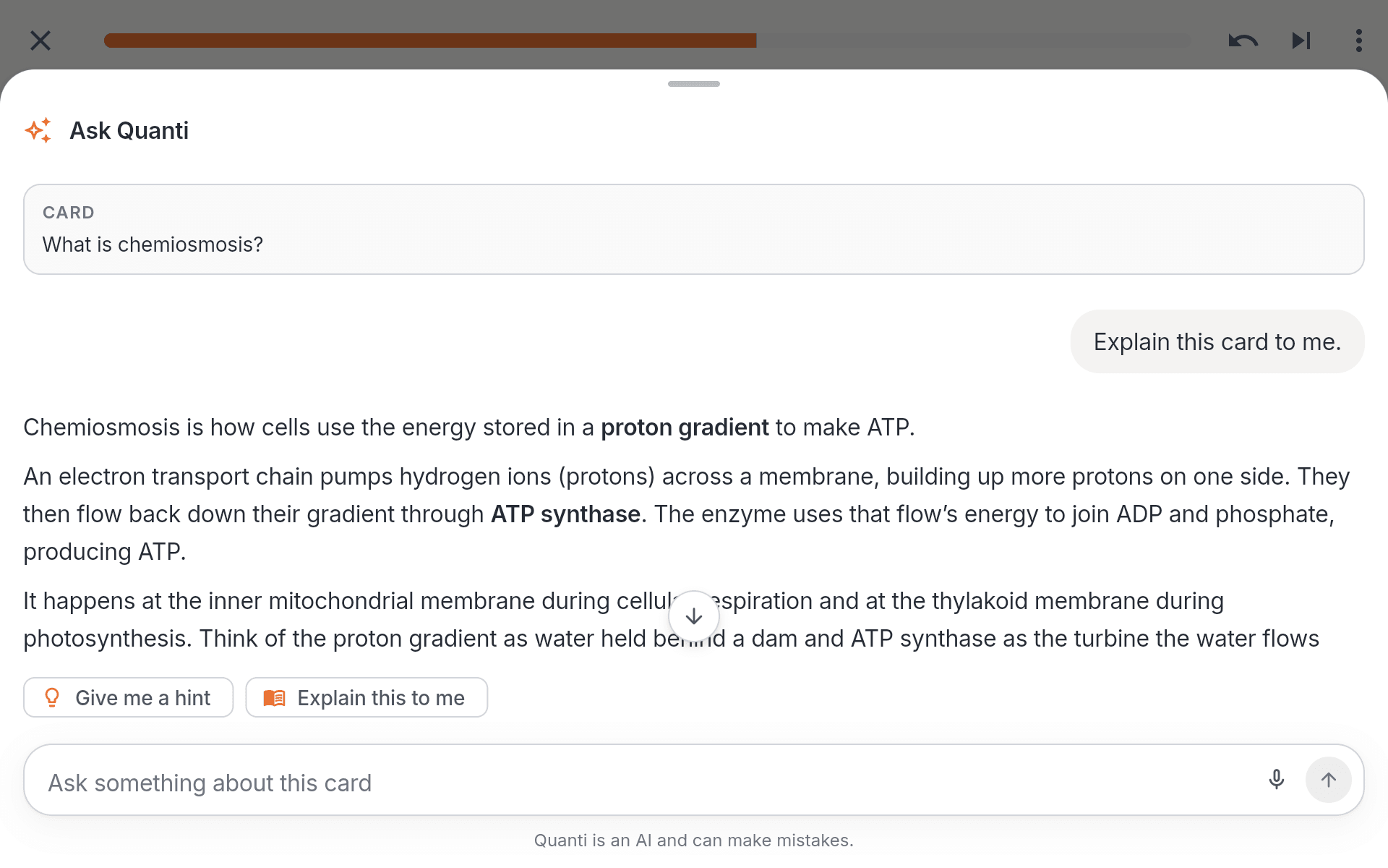 The AI assistant open on a card, offering a hint