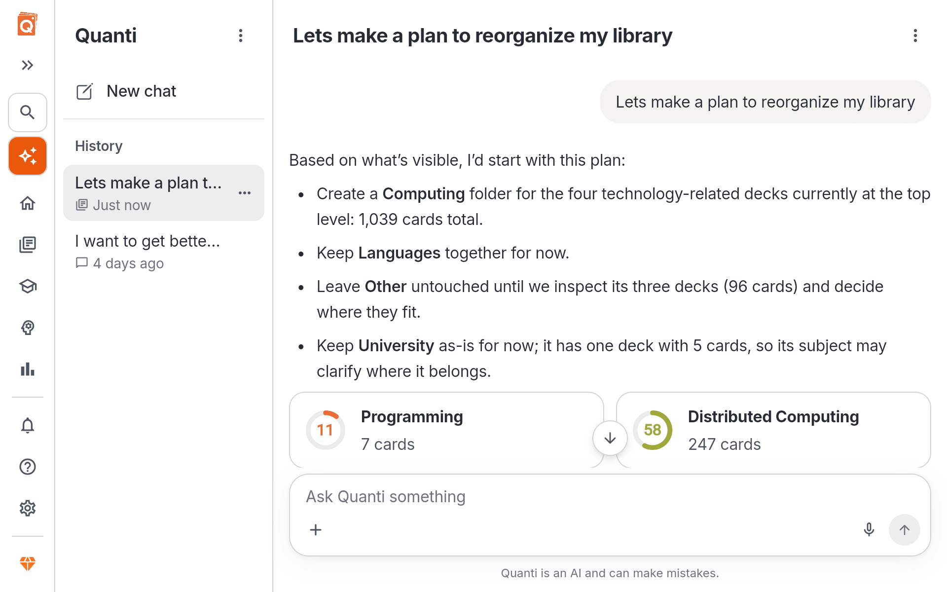 Quantilo AI assistant showcasing flashcard generation and answer explanation capabilities