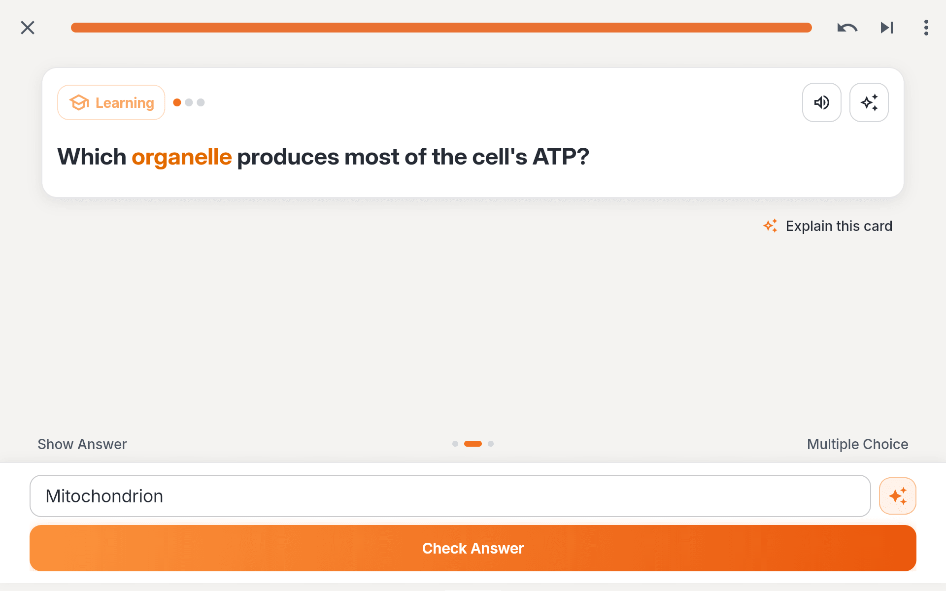 The type answer field on a card, with an answer being entered